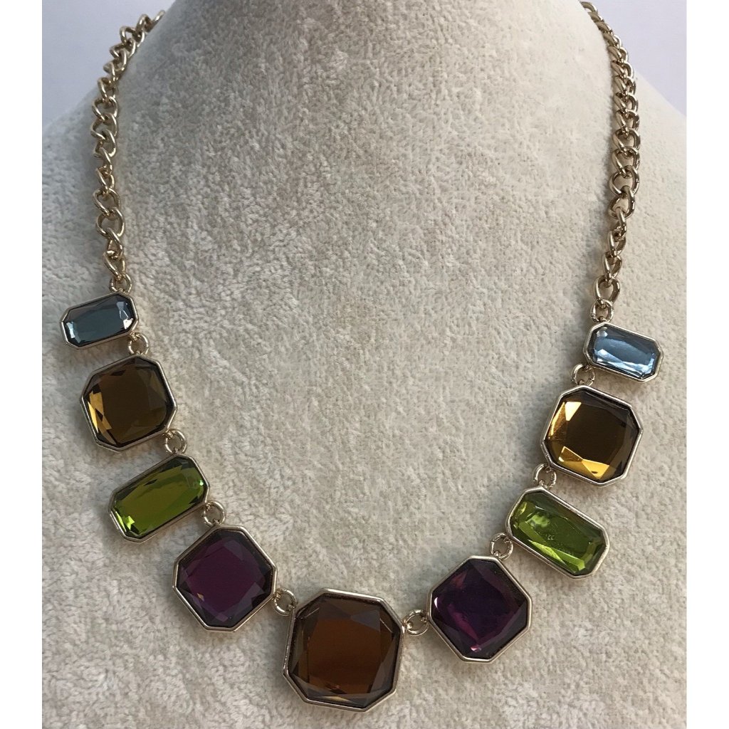 Vtg Nrq Gold Tone Multicolor & Faceted Large Rhinestone Necklace Adjusts-18-21